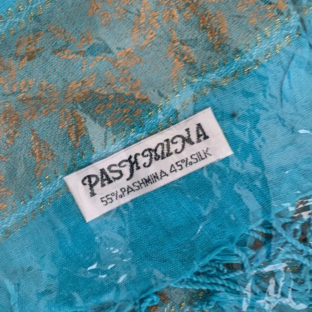 PASHMINA SILK SCARF BLUE GOLD THREAD EMBROIDERED WRAP NEW